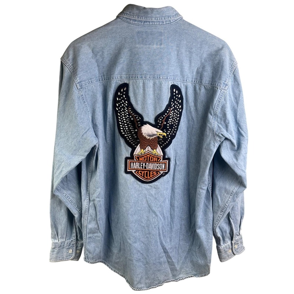 VTG Harley Davidson Denim Long Sleeve Shirt Large Eagle Patch Medium Men's